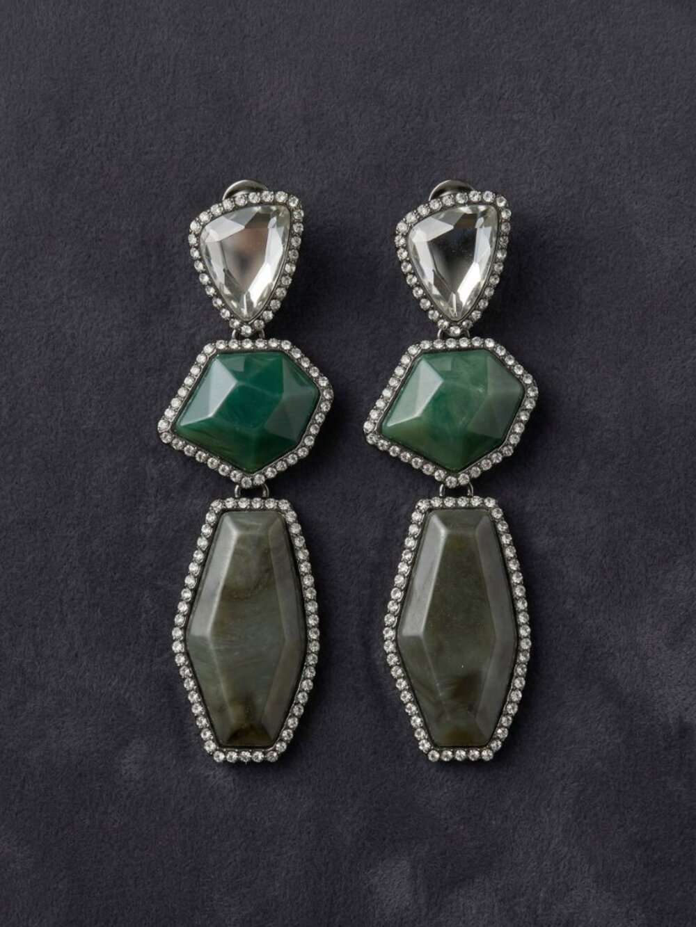 Y2K Oversized Geometric Statement Clip-On Earrings Green Gray Rhinestone Trim